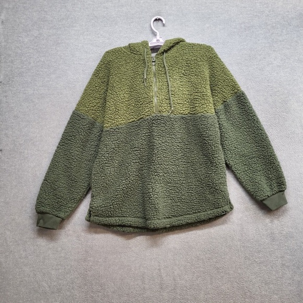 PINK Victoria's Secret Women Sweatshirt Small Green Colorblock Sherpa Hoodie